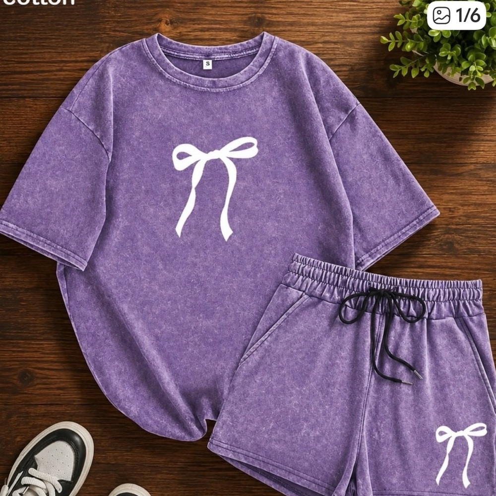 NEW aboutiqueCotton Purple Women's Shorts Set - Bow Print Lounge Set
